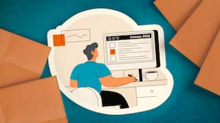 An illustration of a man wearing a blue shirt sitting at a desk, completing the Census on a computer screen. A cup of coffee is next to him and he is surrounded by pieces of orange paper.