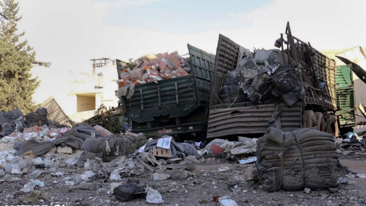 Damaged trucks carrying aid in Aleppo