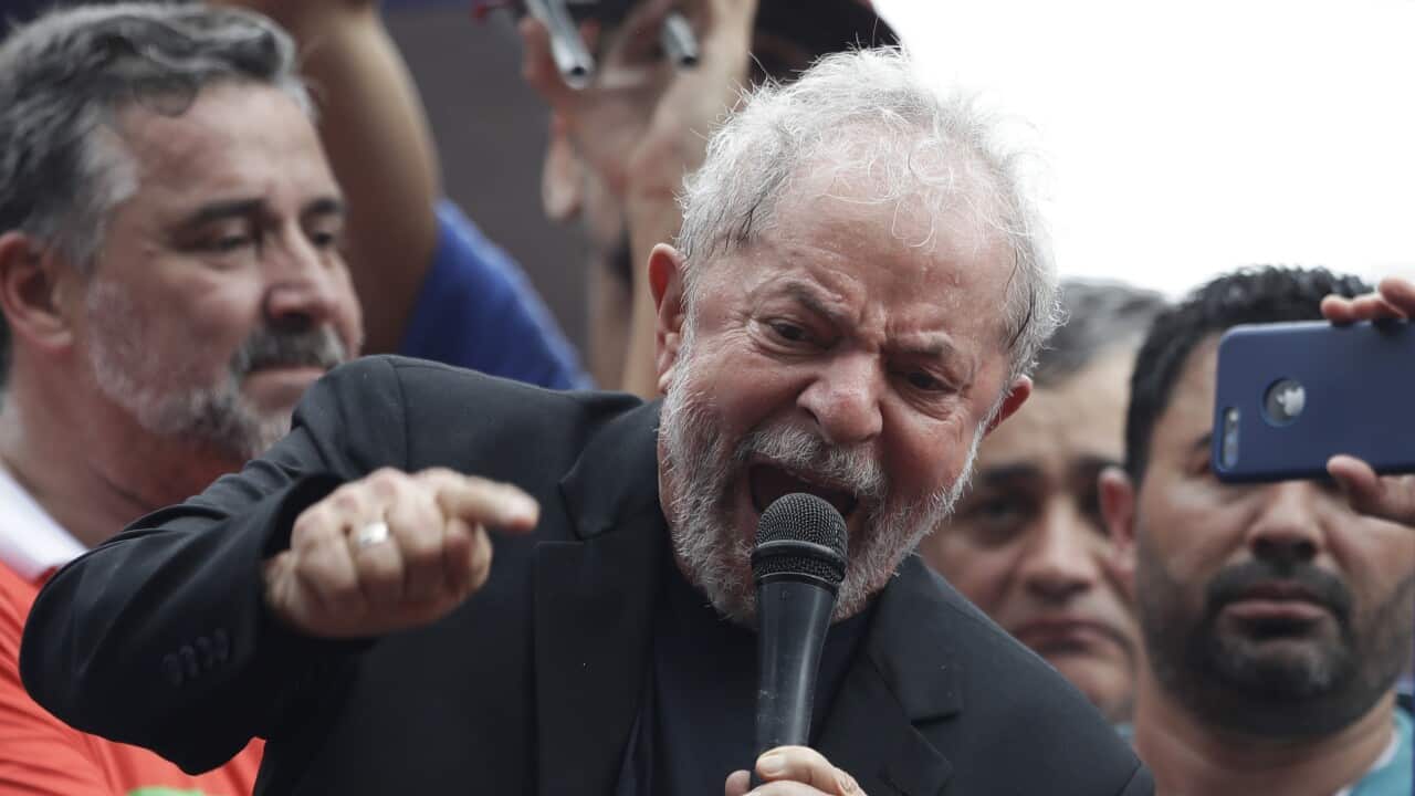 Brazil's former President Luiz Inacio Lula da Silva speaks to supporters in front of the metal workers union headquarters in Sao Bernardo do Campo