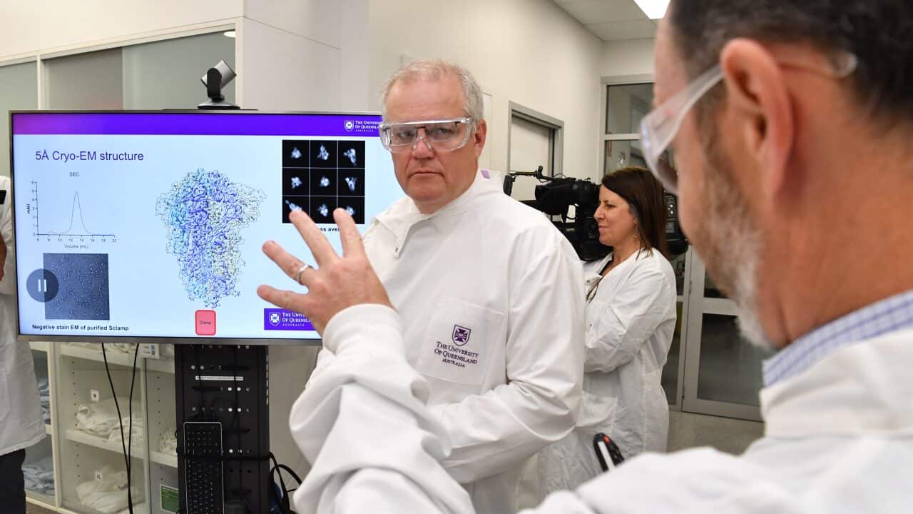 Prime Minister Scott Morrison during a tour of the University of Queensland vaccine lab in Brisbane.
