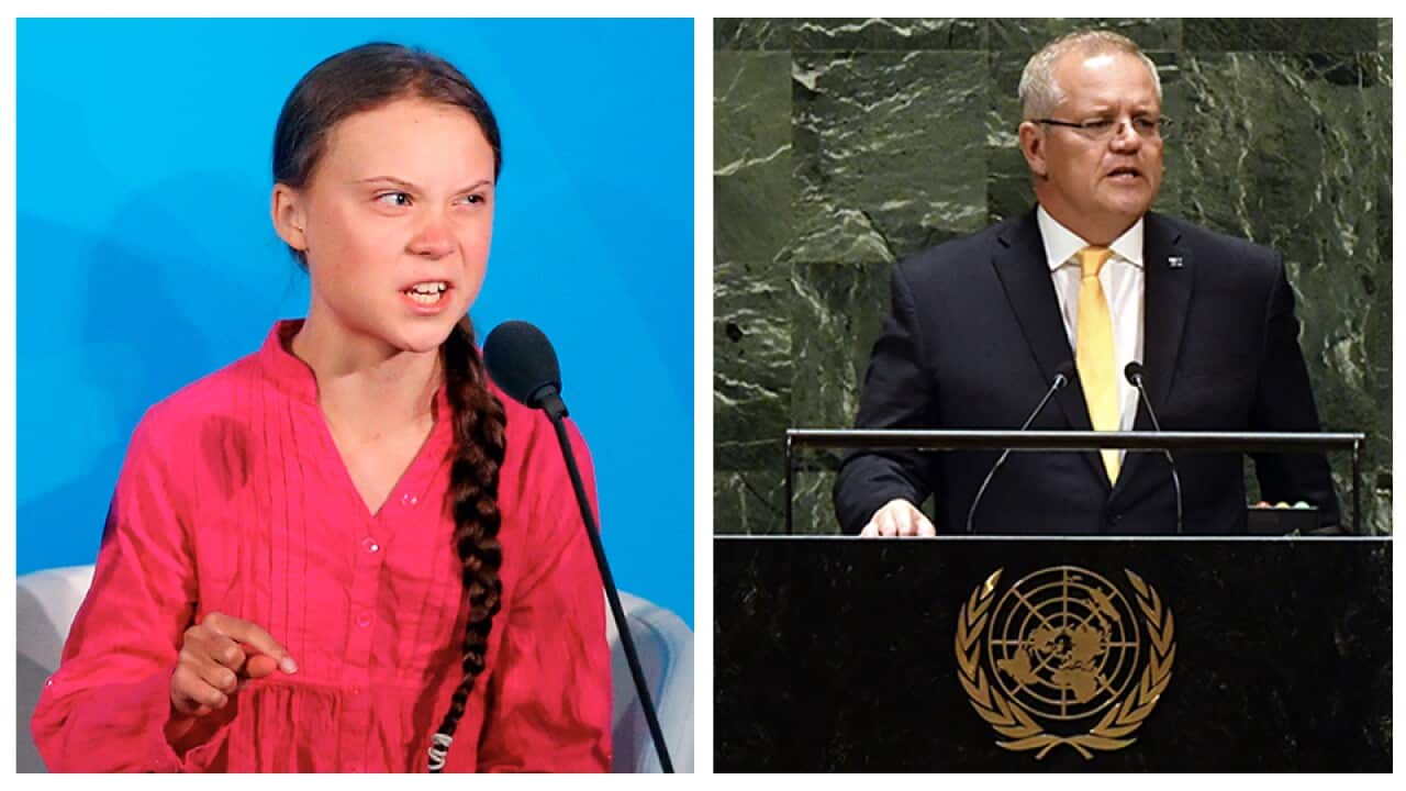 Environmental activist Greta Thunberg (Sweden), addresses Climate Action Summit at UN General Assembly (L) Scott Morrison addresses the UN in New York (R)