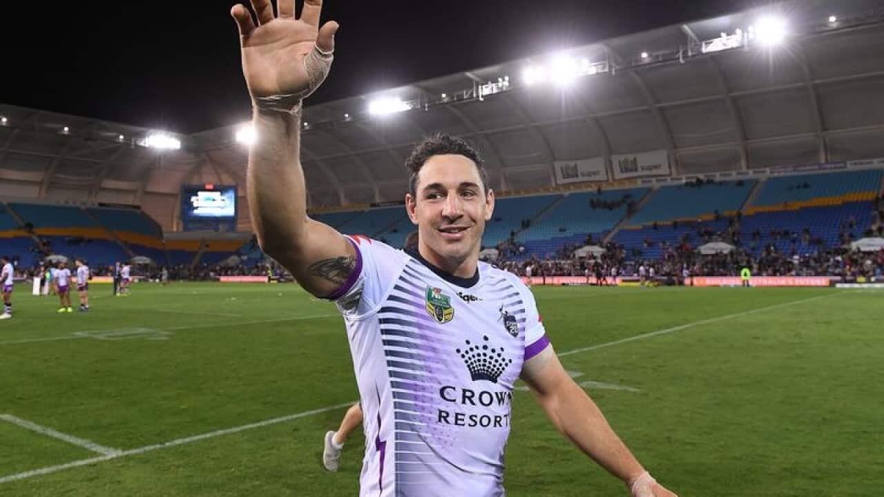 Billy Slater of the Storm waves goodbye.