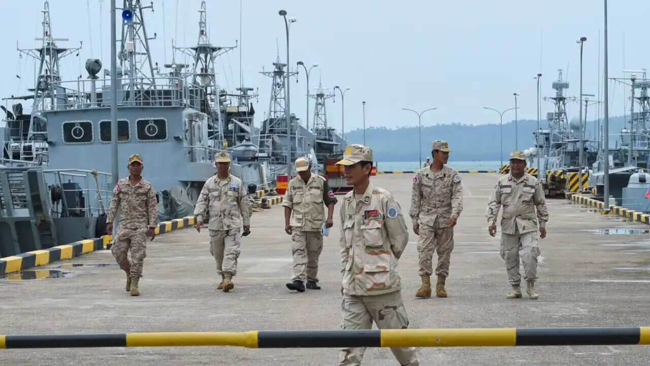Cambodian navy personnel on a jetty at the Ream naval base in Preah Sihanouk on 26 July, 2019.