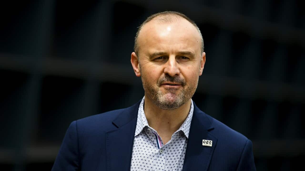 ACT Chief Minister Andrew Barr speaks to the media during a COVID-19 update outside the COVID-19 Vaccination Clinic at the AIS in Canberra, Monday, October 11, 2021. (AAP Image/Lukas Coch) NO ARCHIVING