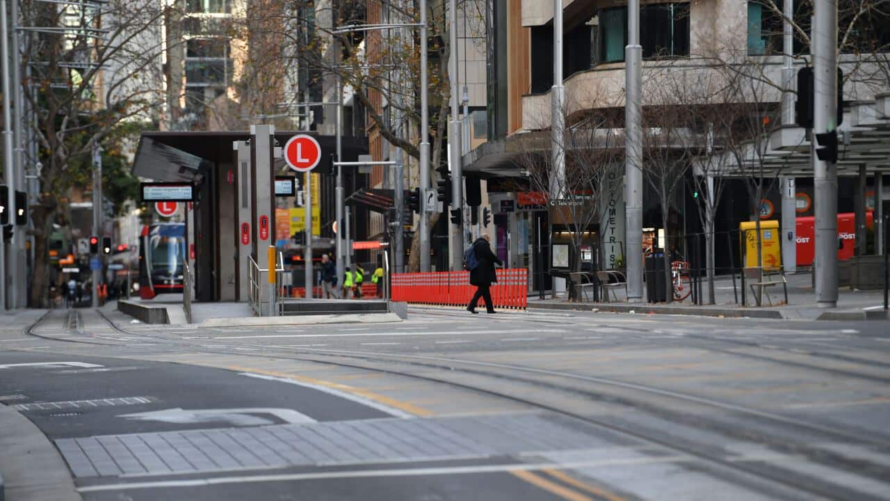 Empty streets are seen at in the central business district in Sydney.