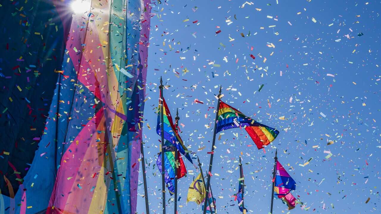 Gay Pride Parade, Rainbow flags and Confetti, Reykjavik, Iceland