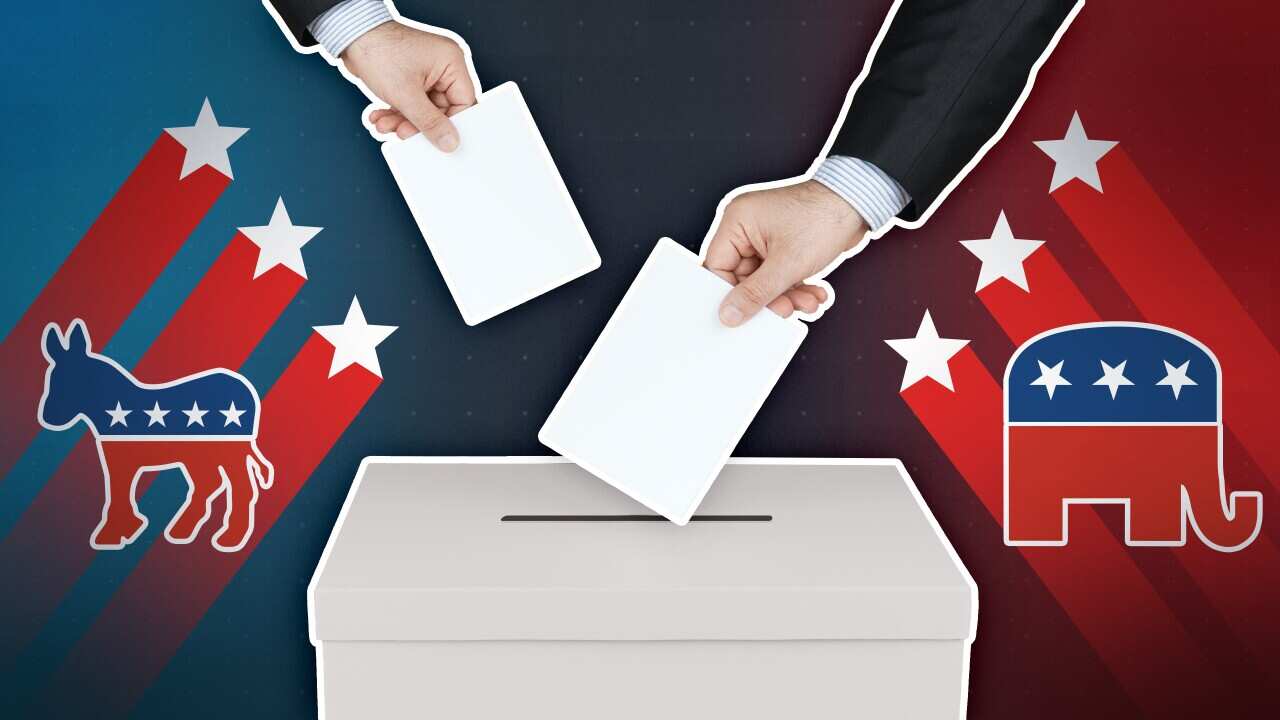 An artwork depicting election day, including a ballot box and icons representing candidates.