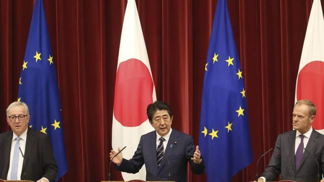 Japan PM Shinzo Abe with Jean-Claude Juncker and Donald Tusk