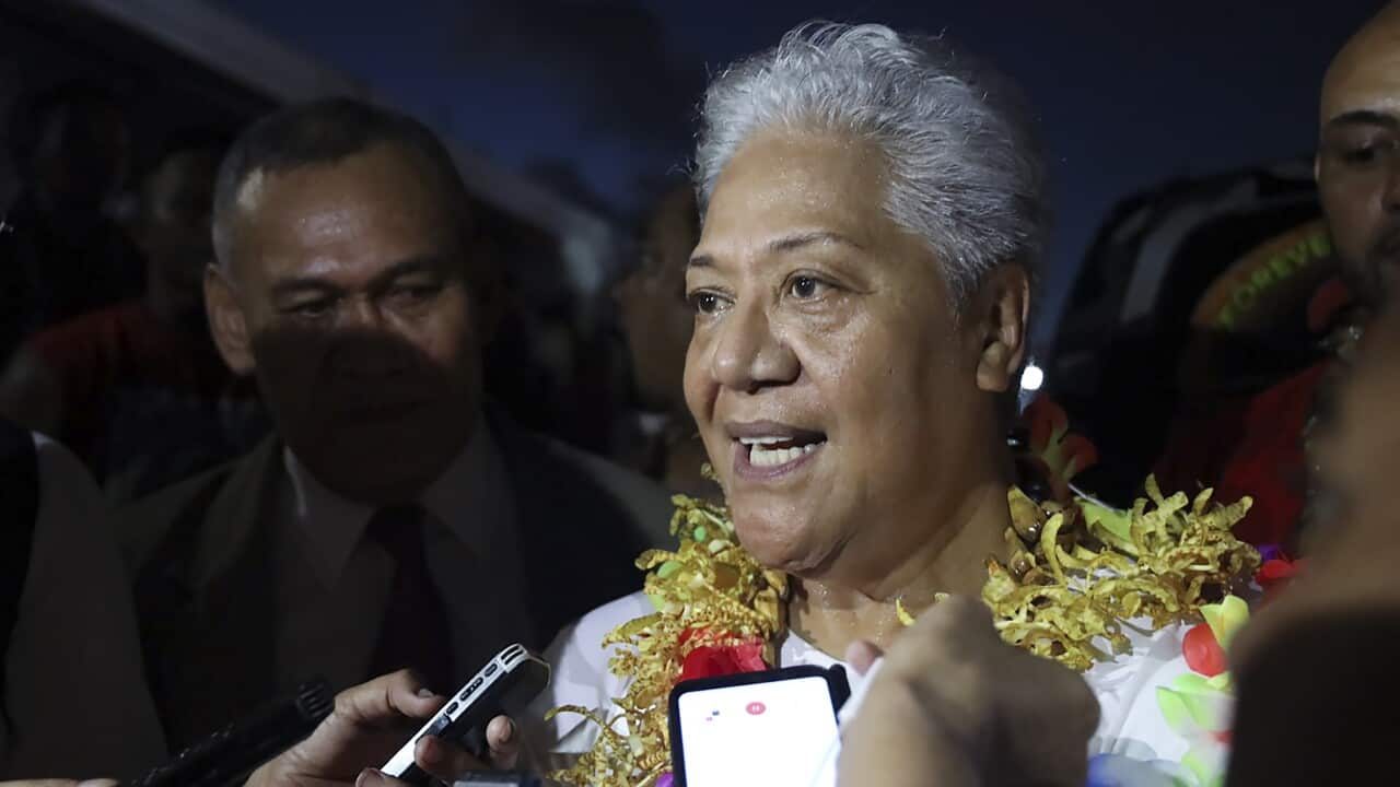 Samoa's Prime Minister-elect Fiame Naomi Mataafa talks to reporters outside parliament house in Apia, Samoa, on Monday, 24 May, 2021.