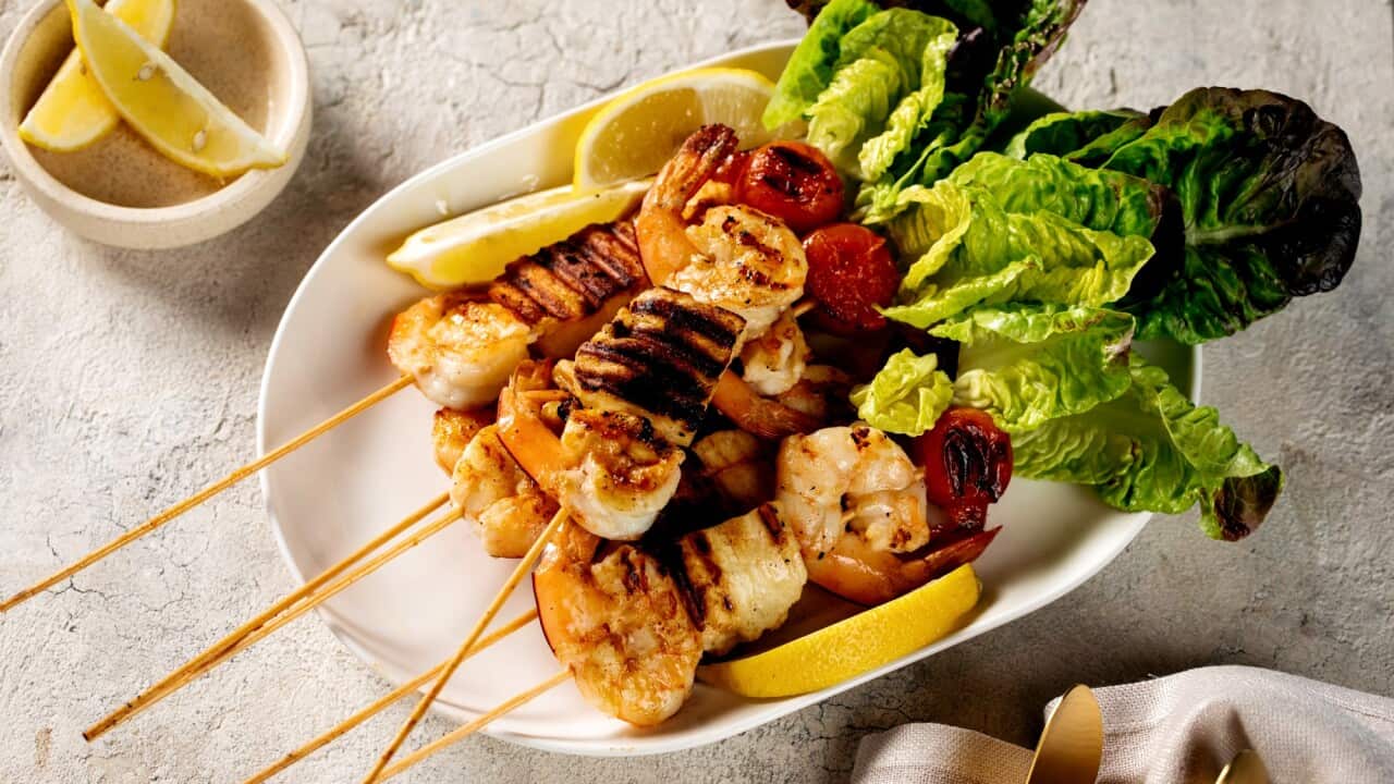 Garlic prawn and halloumi skewers
