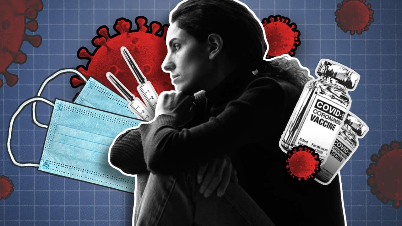 A woman with her knees to her chest and hand under her chin looks off into the distance. Around her are images of face masks, vaccine vials, needles and coronavirus spike proteins on a blue background.