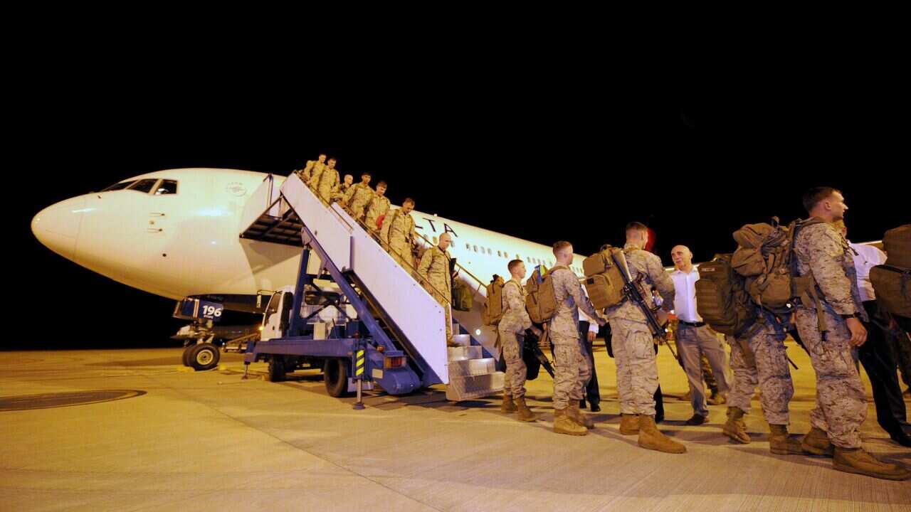 File image of the first contingent of 200 US Marines to be deployed in Australia arriving at RAAF Base Darwin.
