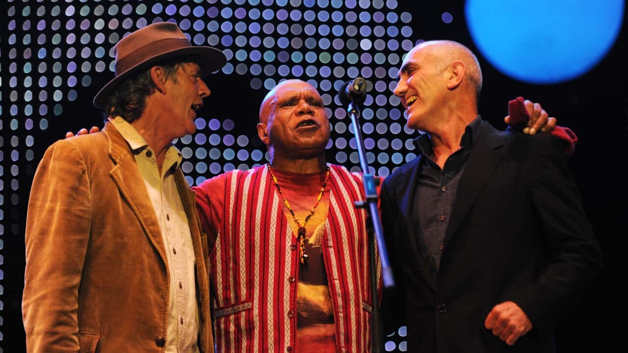 Australian musicians Shane Howard, Archie Roach (centre) and Paul Kelly (right) perform at The Domain for the Nukkan Ya Ruby (See Ya Later Ruby) tribute concert during the Sydney Festival First Night in Sydney on Saturday, Jan. 8, 2011.