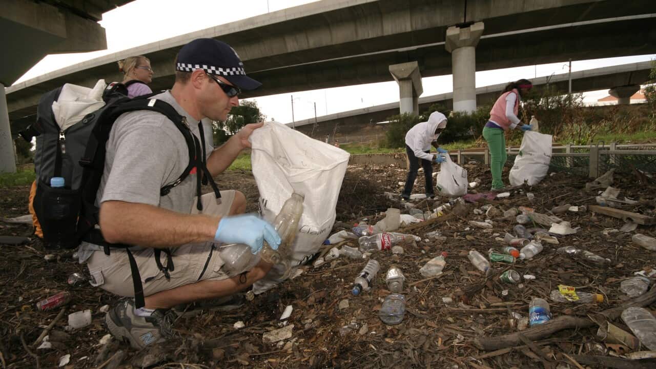 Volunteers cleaning up rubbish underneath an overpass