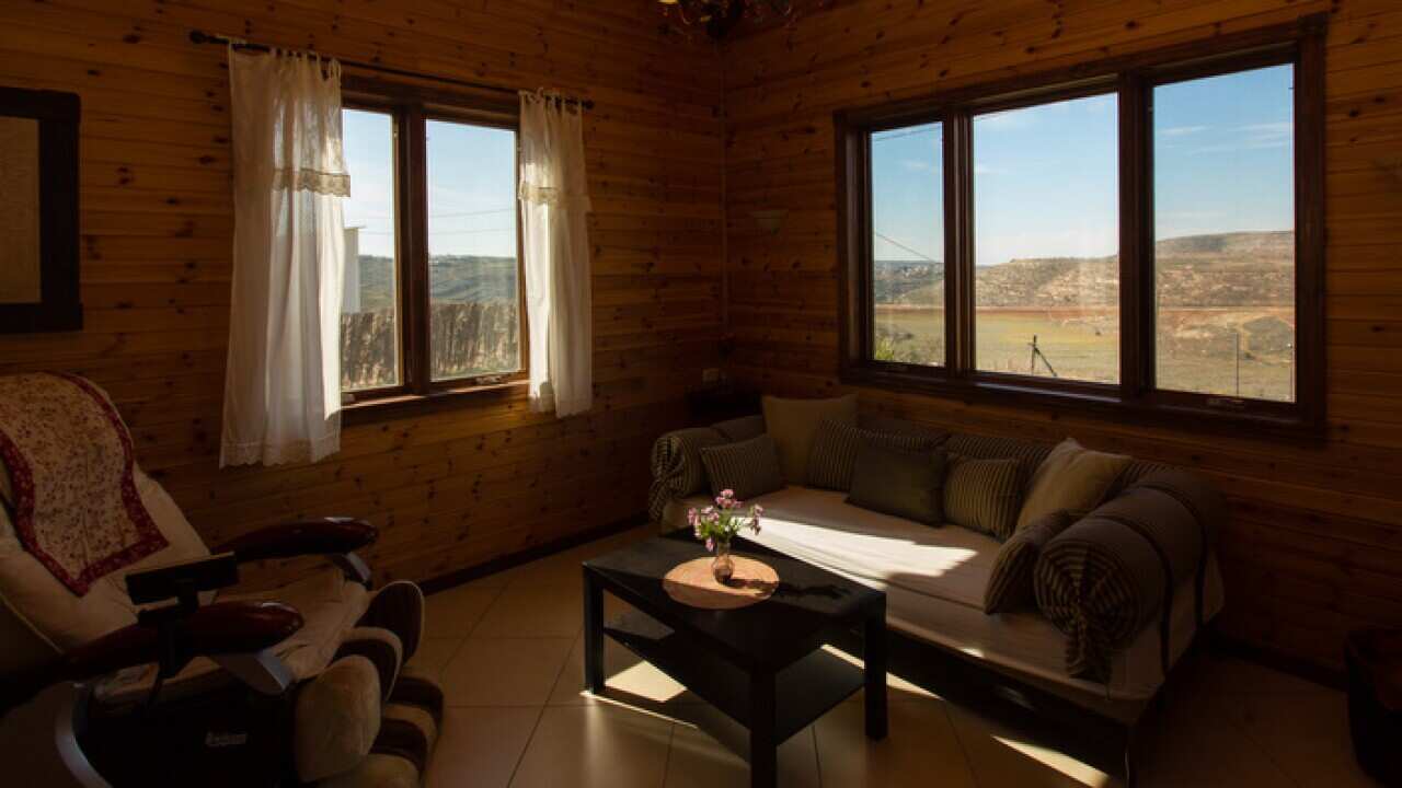 The living room of a bed and breakfast advertised on Airbnb, in the West Bank Jewish outpost of Esh Kodesh