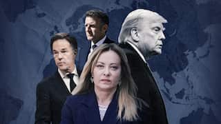 A graphic showing Donald Trump in black and white, with Giorgia Meloni, Mark Rutte and Emmanuel Macron behind him, against a navy backdrop of a world map.