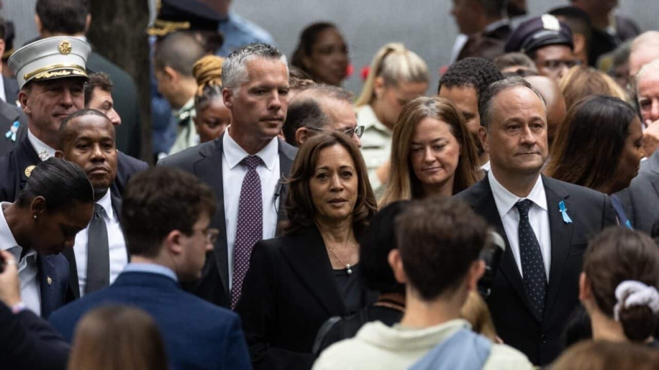 U.S. Vice President Kamala Harris and Second Gentleman Doug Emhoff walk through the 9/11 Memorial in New York City, Sept. 11, 2022 (AFP).