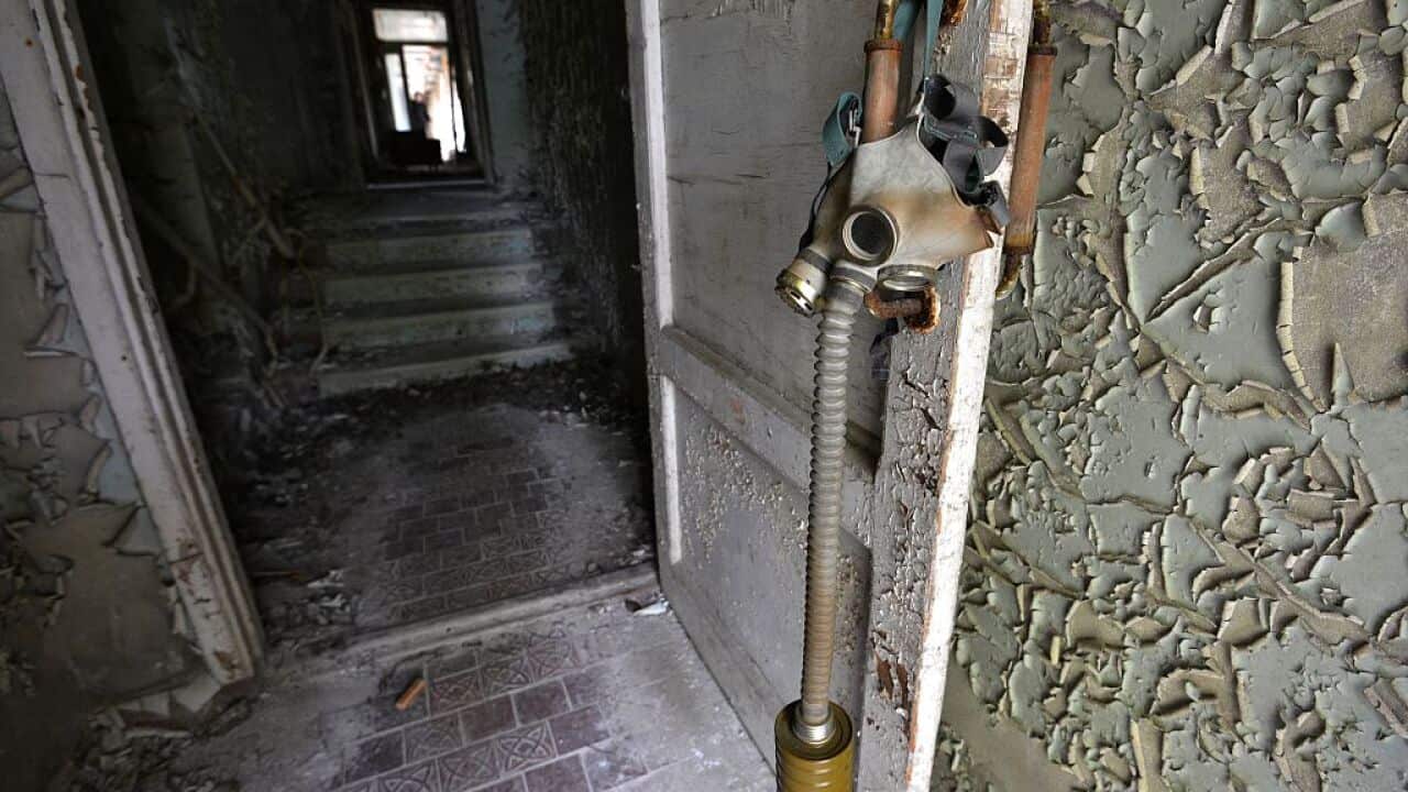 A gas mask in an abandoned building in the 'ghost town' of Pripyat near the Chernobyl Nuclear Power Plant.