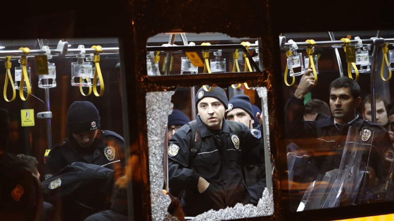 A damaged bus after an explosion near Vodafone Arena Stadium, Istanbul