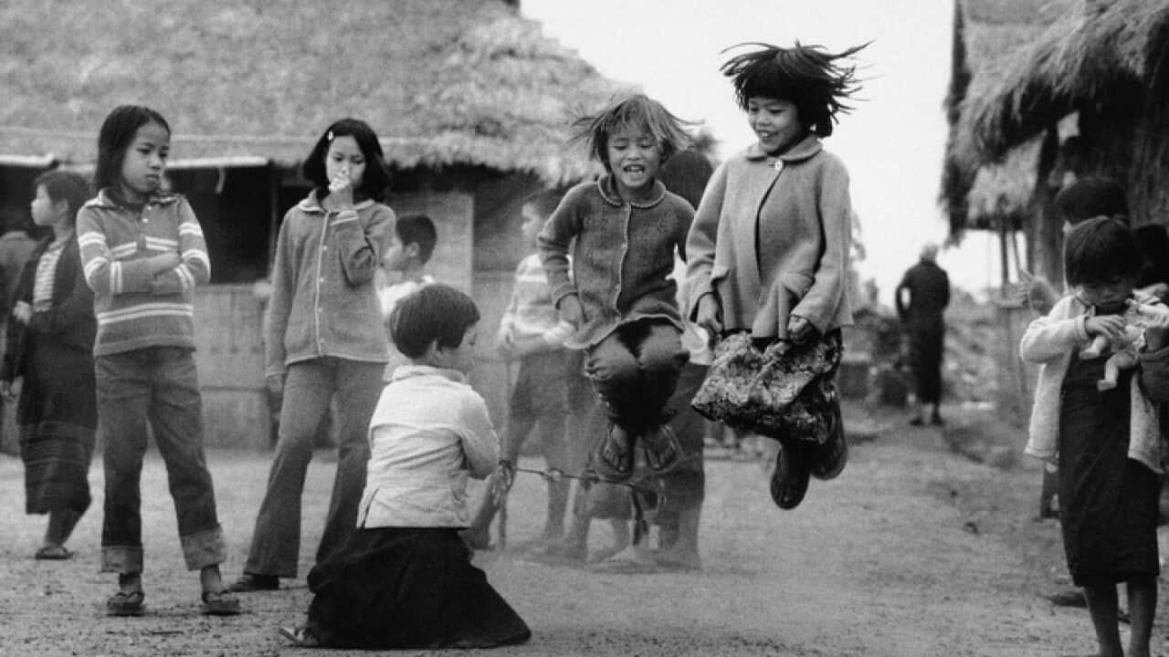 Refugees from Laos play jump rope in Nong Khai refugee camp, Nong Khai, Thailand, April 16, 1979 (AAP-Eddie Adams)