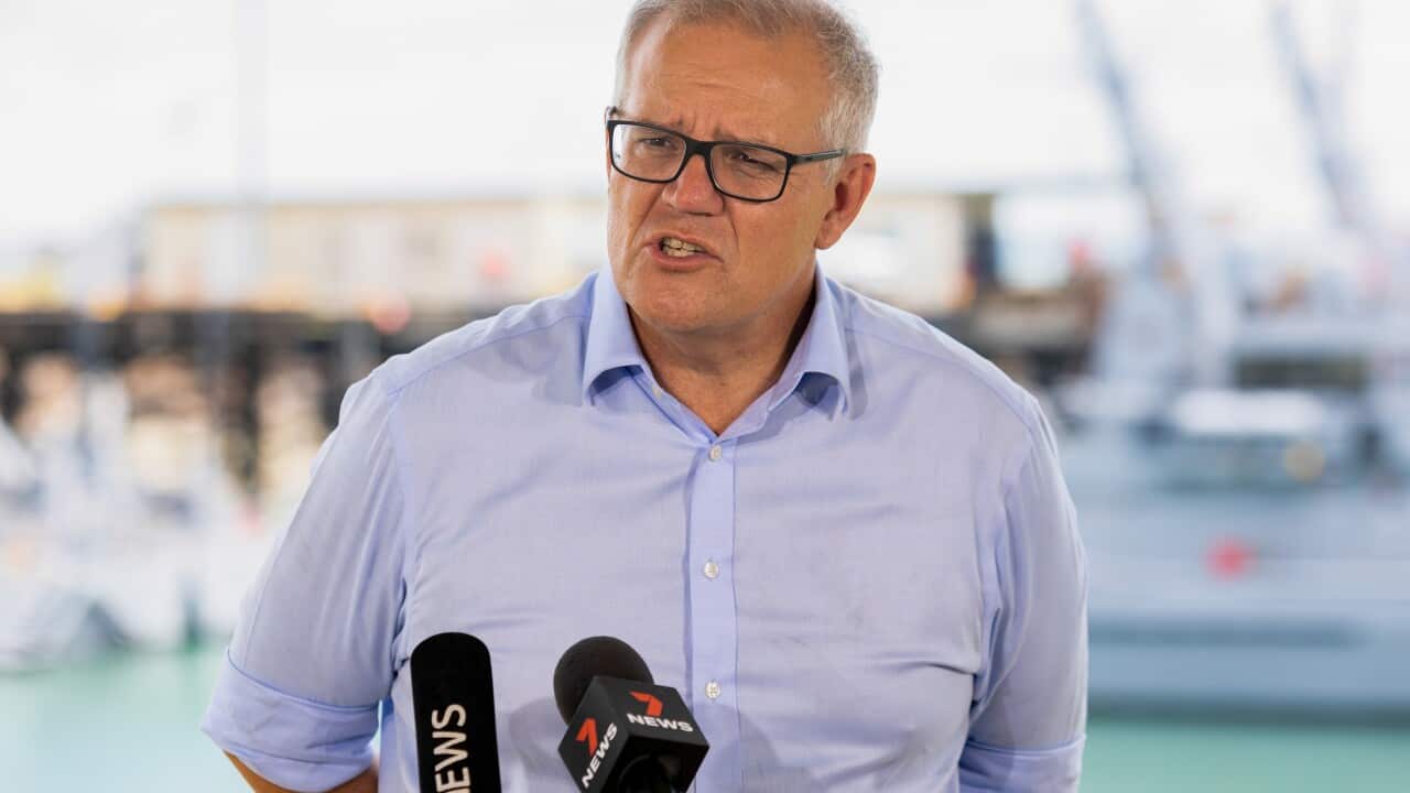 Prime Minister Scott Morrison speaks to the media during a press conference at the Larrakeyah Defence Precinct in Darwin, 18 February, 2022.