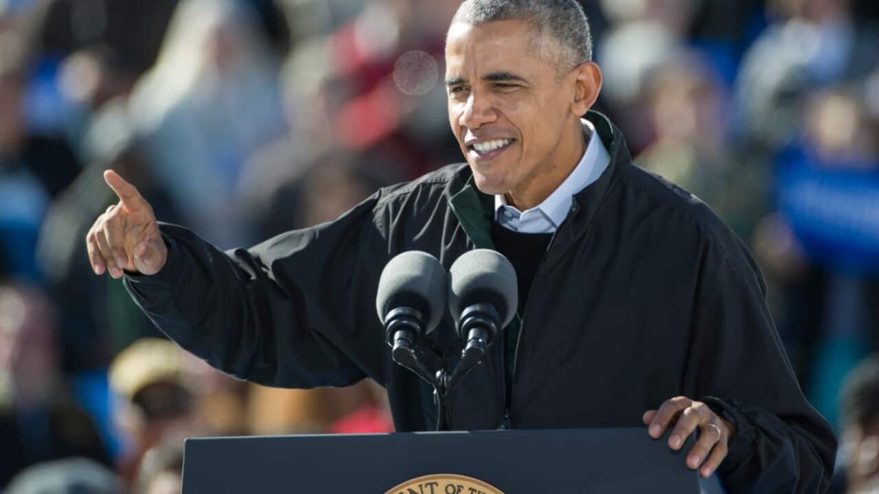 President Barack Obama delivers a speech to support Democratic presidential candidate Hillary Clinton at Burke Lakefront Airport in Cleveland, Friday, Oct. 14,