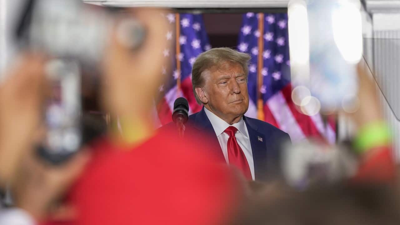 Former President Donald Trump speaks to supporters at Trump National Golf Club Bedminster,