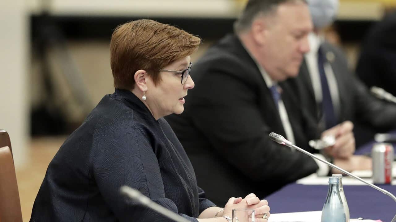 Foreign Affairs Minister Marise Payne (L) at the Quadrilateral Security Dialogue meeting in Tokyo