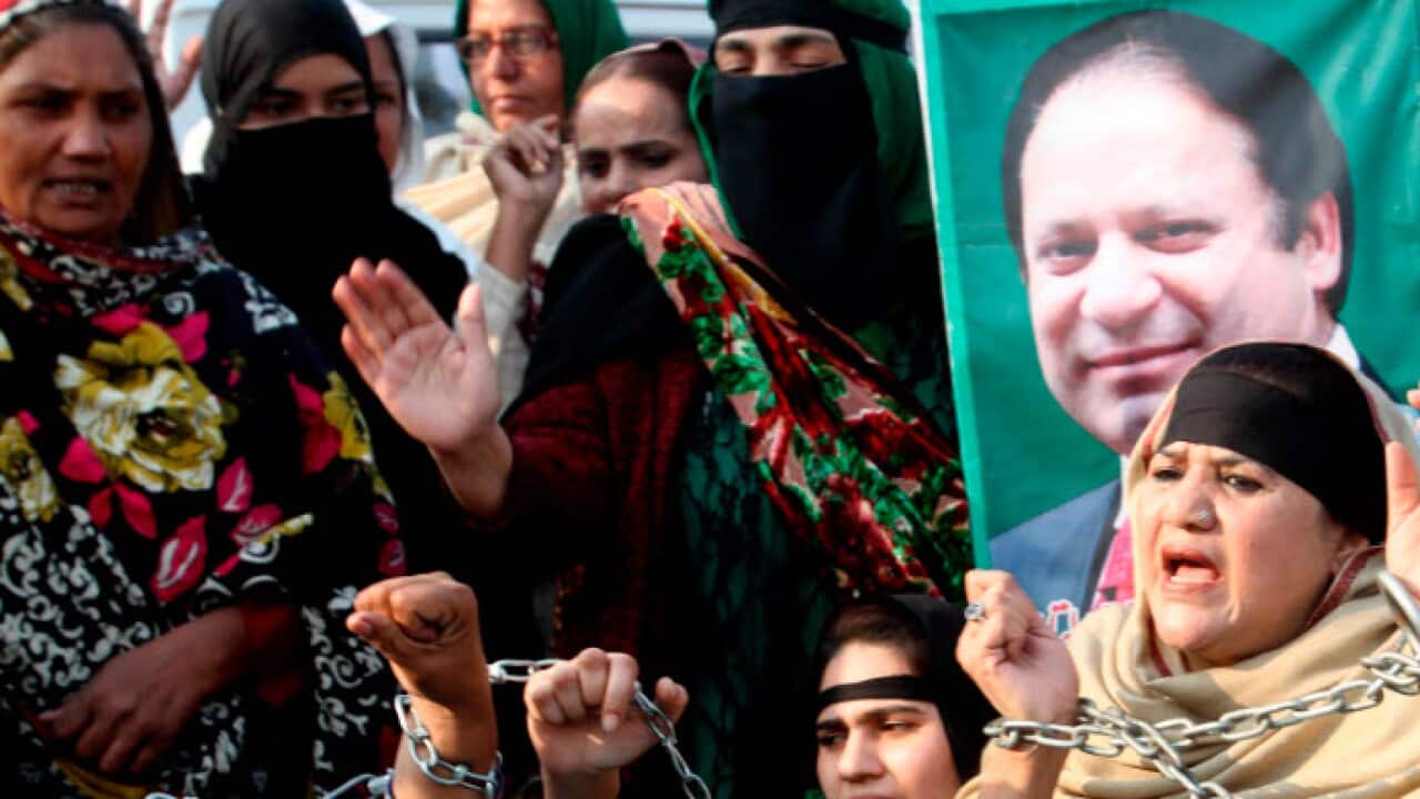 Supporters of former Pakistani Prime Minister Nawaz Sharif protest against a court ruling, in Multan, Pakistan, Monday, Dec. 24, 2018 (AAP)