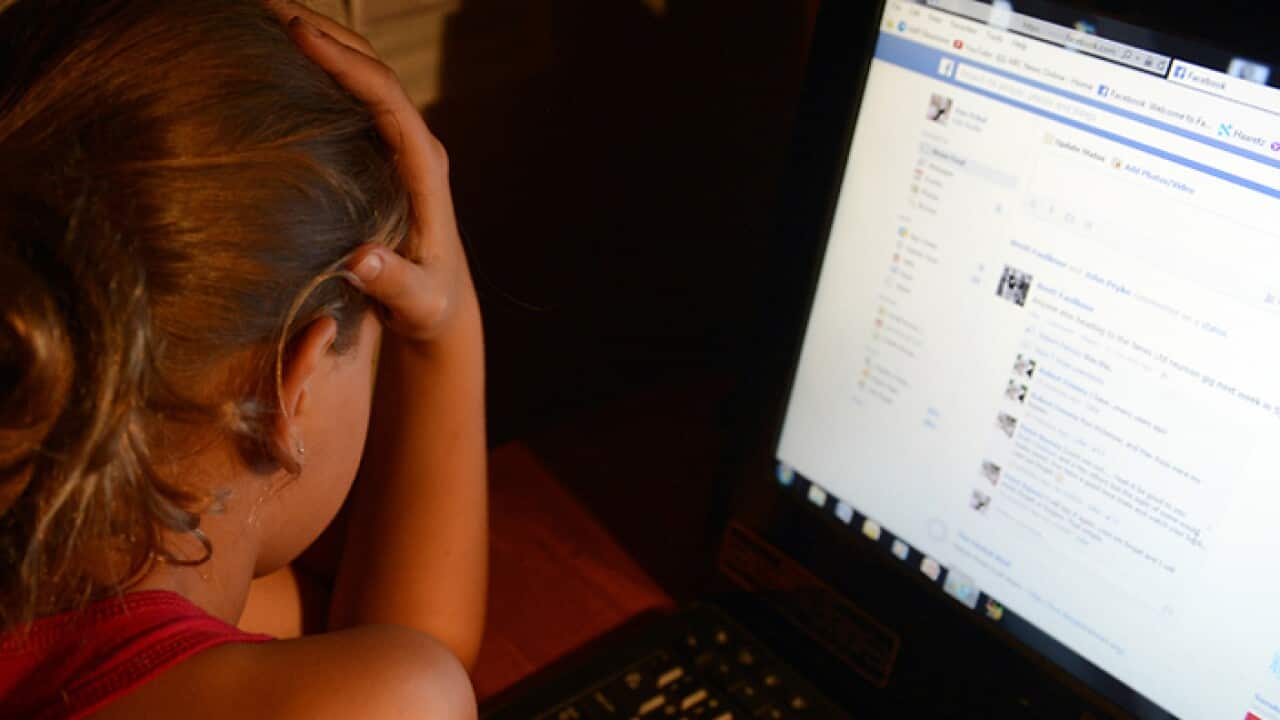 An image depicting an upset young girl in front of a personal computer