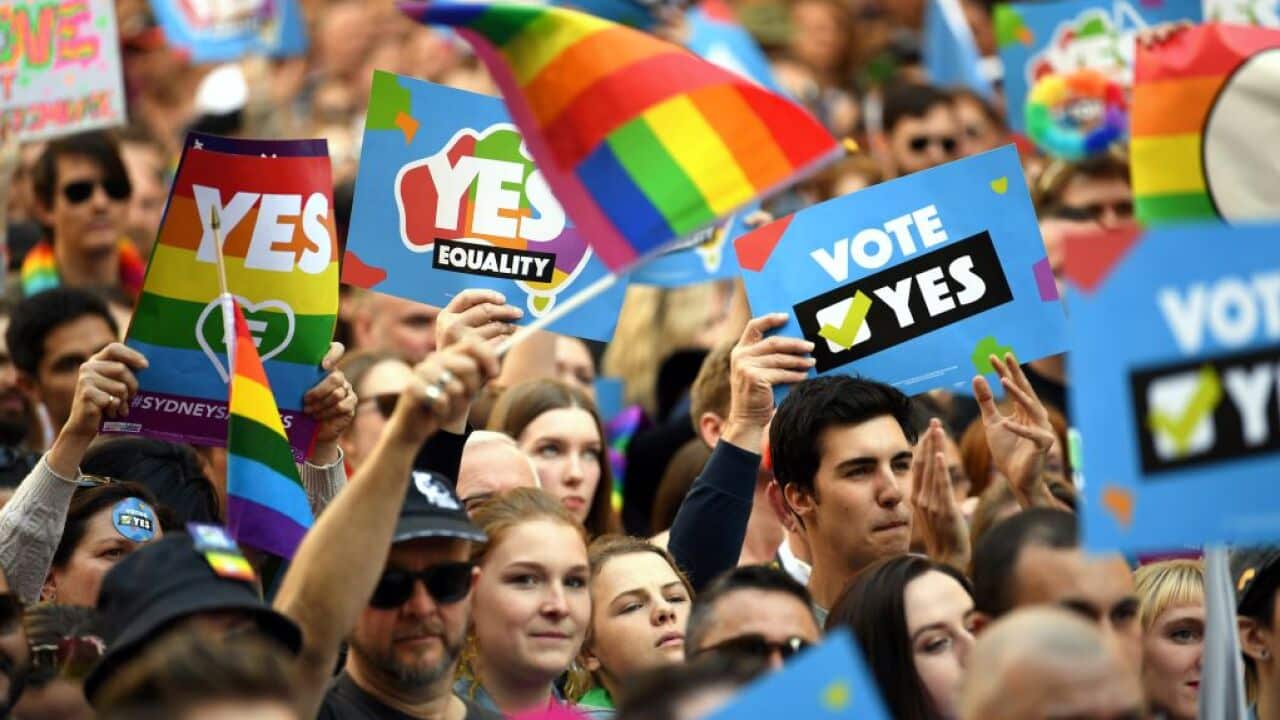 This picture taken on September 10, 2017 shows demonstrators taking part in a same-sex marriage rally in Sydney.