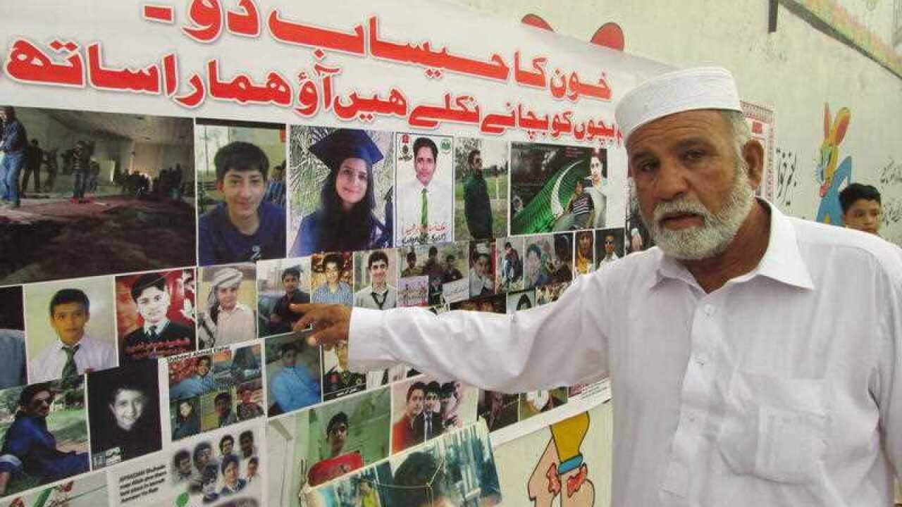 A memorial to the victims of a school massacre in Peshawar, Pakistan.