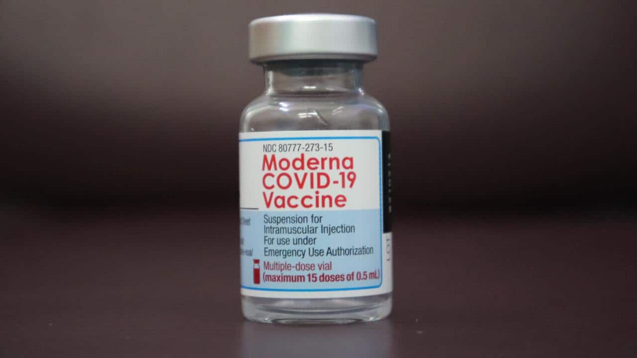Close up shot of a vial of Moderna COVID-19 vaccine recently approved for children over 12 in Australia