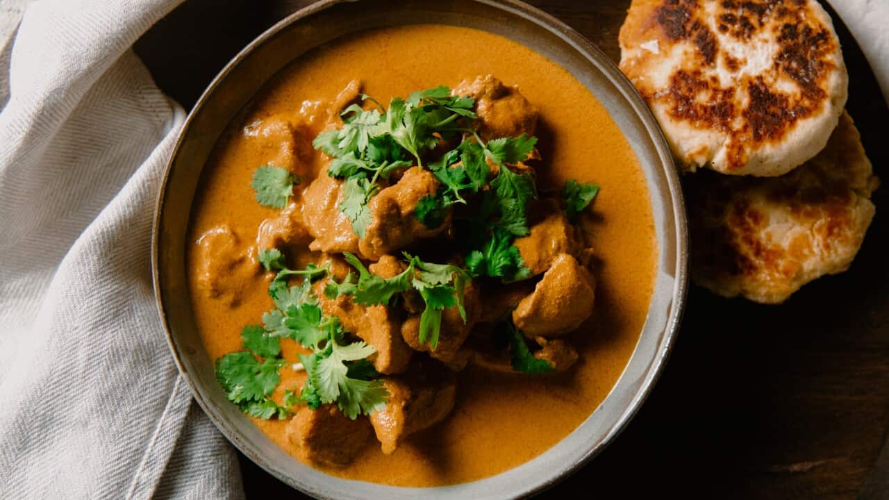 Macadamia butter chicken with lemon myrtle flatbread