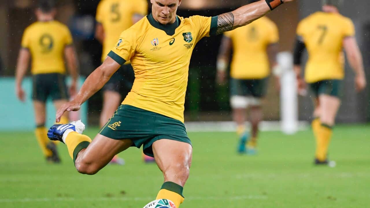 Matt Toomua of Australia kicks a conversion during the first half of a Rugby World Cup Pool D match against Georgia in Fukuroi, central Japan, on Oct. 11, 2019. (Kyodo via AP Images) ==Kyodo