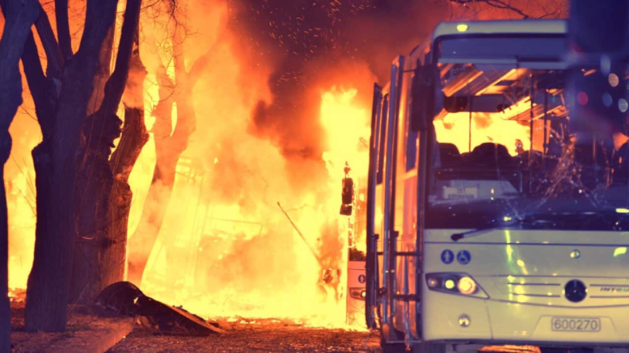 Flames engulf vehicles following a car bomb in Ankara