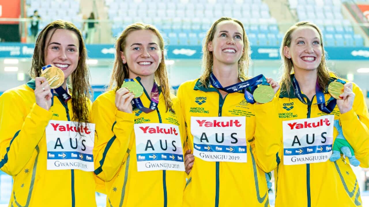 ustralia TITMUS Ariarne, WILSON Madison, THROSSELL Brianna, McKEON Emma Gold Medal Gwangju South Korea 25/07/2019 Swimming Women's 4x200m Freestyle