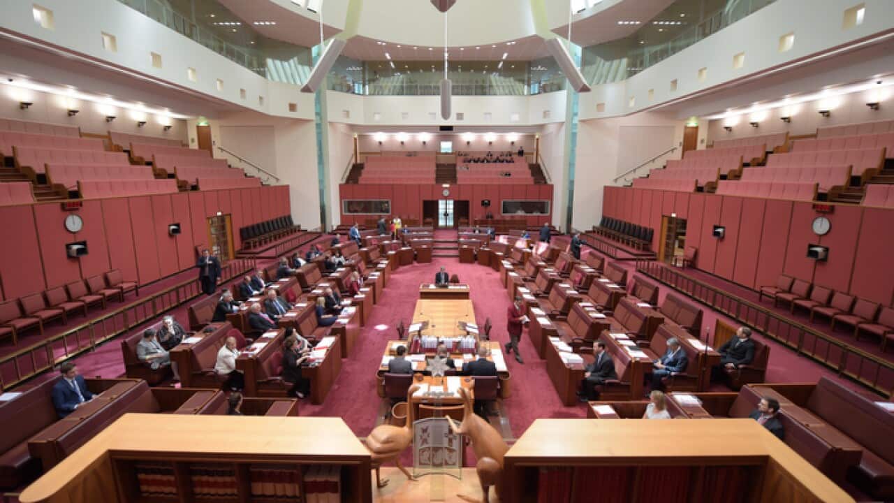 An overview of the Senate chamber at Parliament House in Canberra, Tuesday, Feb. 23, 2016. (AAP Image/Lukas Coch) NO ARCHIVING
