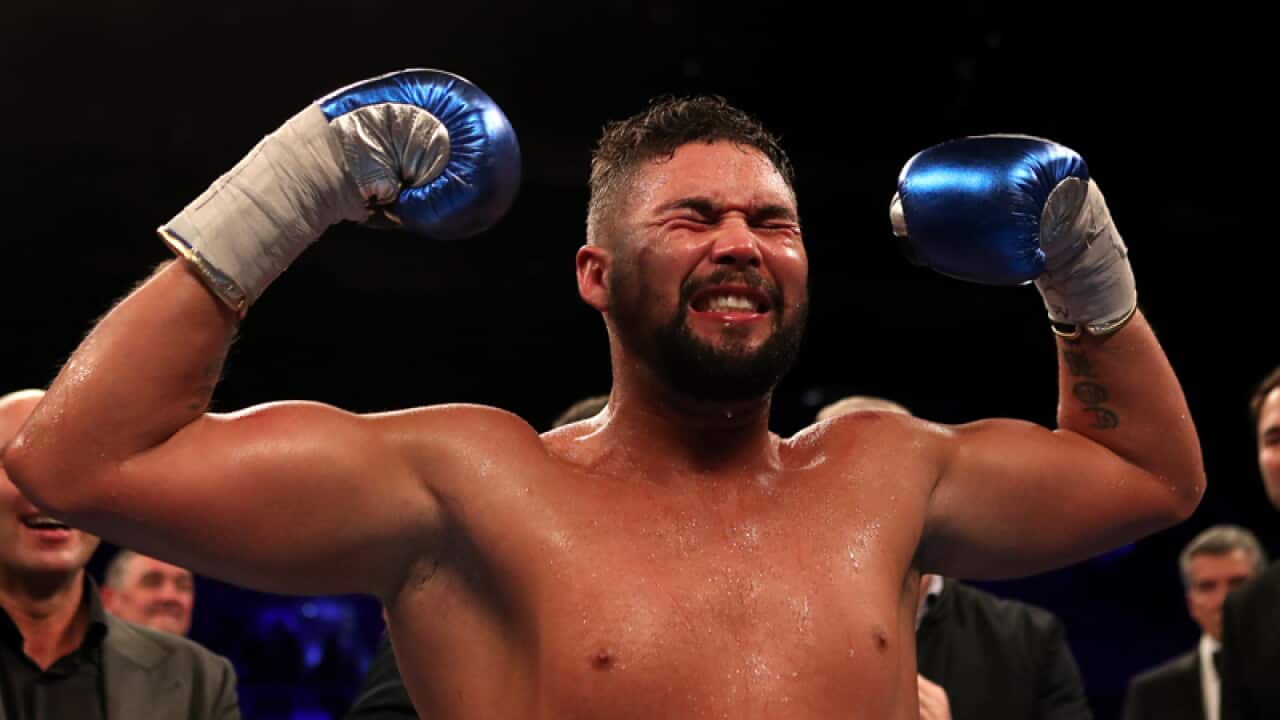 Tony Bellew celebrates victory over David Haye