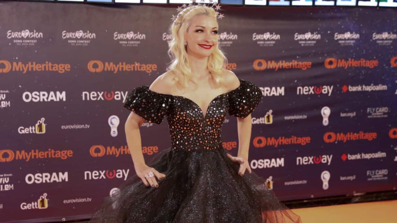 Kate Miller-Heidke of Australia poses during a presentation of the 2019 Eurovision Song Contest participants in Tel Aviv, Israel, Sunday, May 12, 2019.(AP Photo/Ariel Schalit)