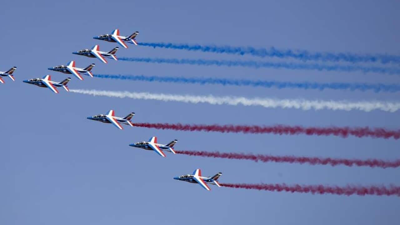 Alpha jets from the French Air Force at the Paris Air Show.