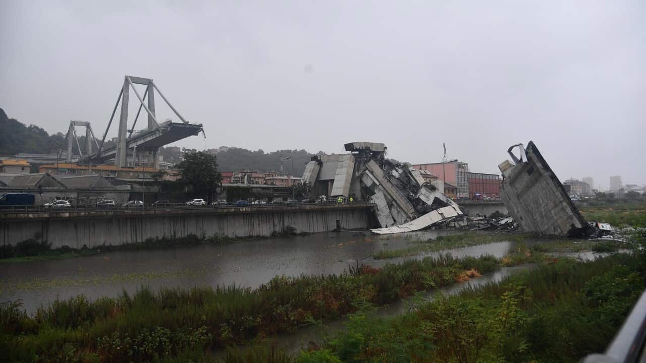 A general view of a highway bridge that collapsed in Genoa, Italy, 14 August 2018.