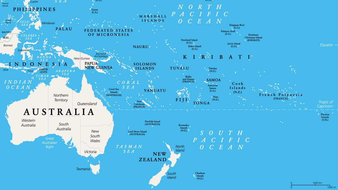 Oceania, political map, Australia and the Pacific, including New Zealand