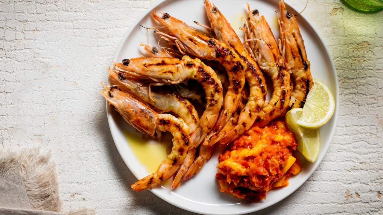Mango sambal with grilled prawns
