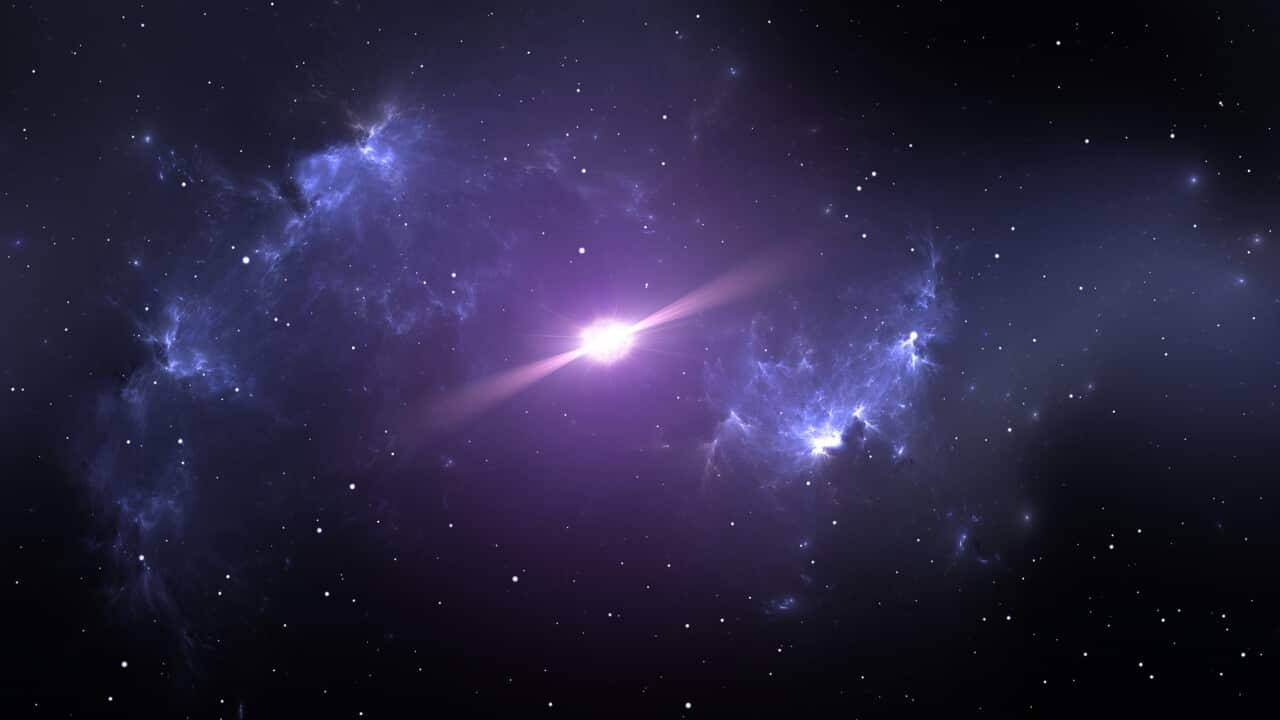 Pulsar or neutron star in the nebula. 3D illustration
