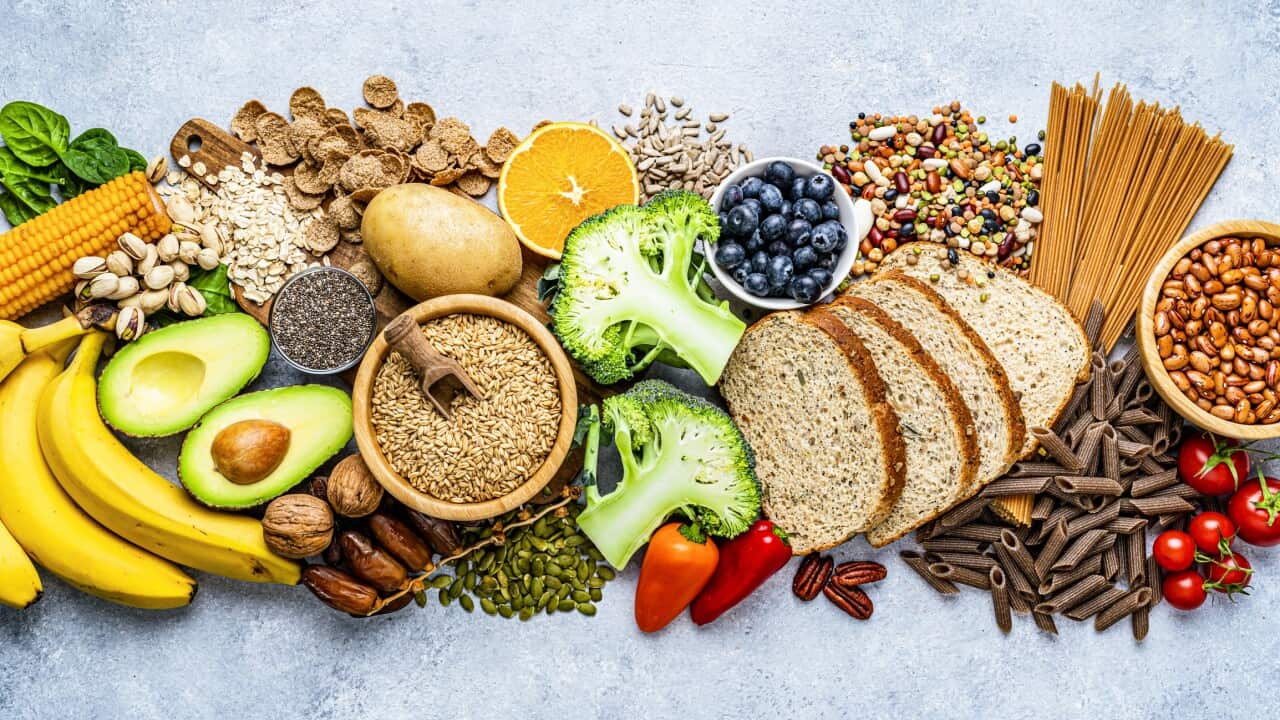 Group of food with high content of dietary fiber arranged side by side