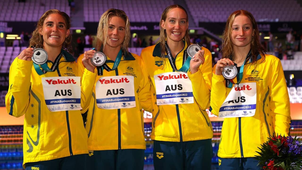 (Left to right) Leah Neale, Kiah Melverton, Madison Wilson and Mollie O'Callaghan with their silver medals during the medal ceremony for the Women's 4x200m Freestyle Final.