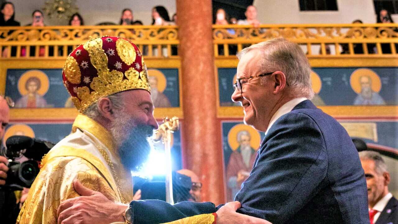 Anthony Albanese with Archbishop Makarios and the congregation at the Church of the Resurrection of Christ in Kogarah