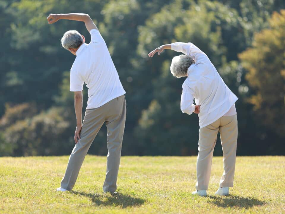 Rear view of senior couple stretching in park