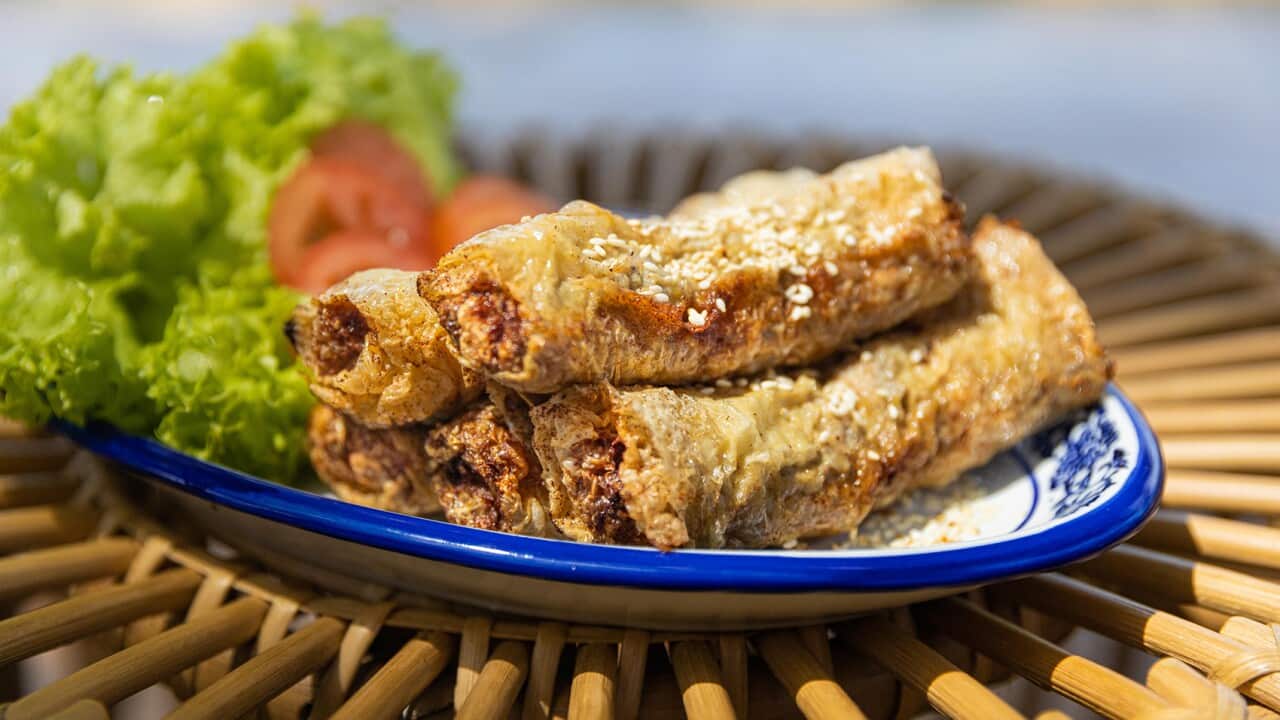 A blue and white patterned plate sits on a cane table top. On the plate sit long, golden-brown rolls. Tomato and lettuce sit behind the rolls on the plate.